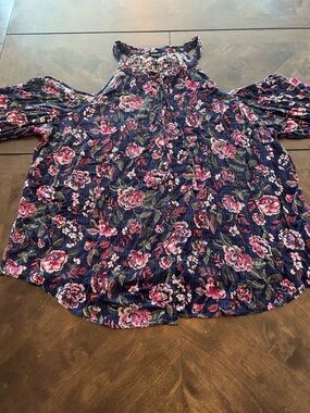Torrid Open Shoulder Button Down Navy Blouse with Pink and Green Floral Print